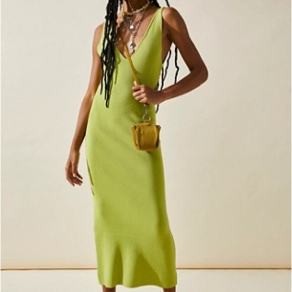 Free People Green Ruffled V-Neck Bodycon Midi